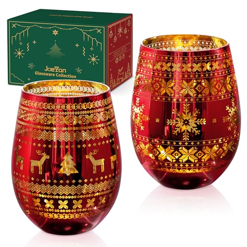 Joeyan Christmas Stemless Wine Glasses Set of 2-540ml Etched No Stem Red Wine Glass with Tree, Elk and Snowflake Decorated Patterns - Large Hand Painted Glass Tumblers for Gifts