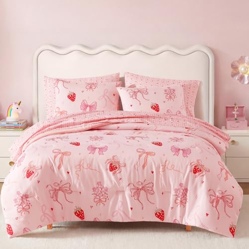 Image of BLOOMHAVEN Full Size Comforter Sets for Girls, 7 Pieces Pink Bedding Set with Strawberry Bow, All Seasons Kids Bed in a Bag with Sheets, Pillowcases & Shams