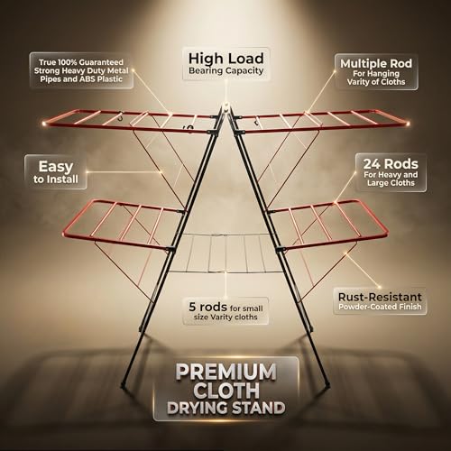 Image of Minky Extra Large Heavy Duty Cloth Drying Stand | 56-Inch Wide Multi-Wing Foldable Clothes Airer | 24 Rods High Load Bearing Metal Rack with Powder-Coated Rust Resistance