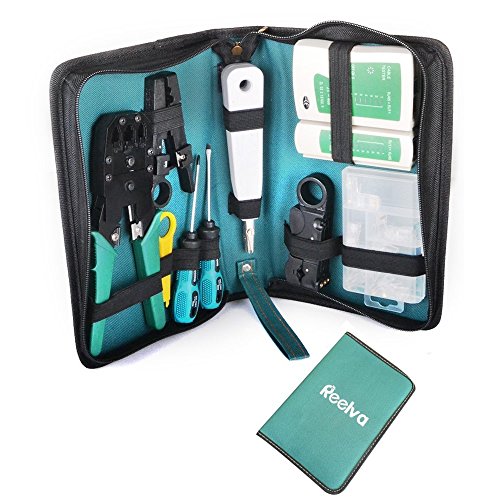 Reelva - Kit de herramientas de red Ethernet LAN RJ11u00a0RJ45u00a0Cat5e - Set con herramienta pelacables, crimpadora, probador de cables