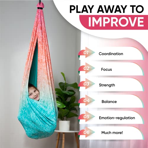 Image of Indoor Sensory Swing for Kids or Outdoor - Holds 300lbs, Double-Layer, & 360 Swivel, Calming Compression Therapy Swing Hammock for Kids & Adults with All Hardware - Sensory-Motor Toys & Gifts