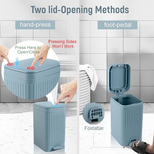Image of rejomiik Small Bathroom Trash Can with Lid Slim Soft Close Garbage Can Step Wastebasket Container Trash Bin for Office Bedroom Kitchen Living Room 1.9 Gallon, Light Blue