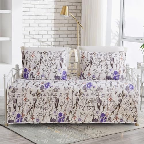 Image of Jarson 3 Pcs Floral Daybed Cover Set Twin Size Butterfly Tulip Flower Sofa Cover Bedding Sets Double Side Bed Set for All Season Botanical Pattern Daybed Quilt Set with Pillow Shams