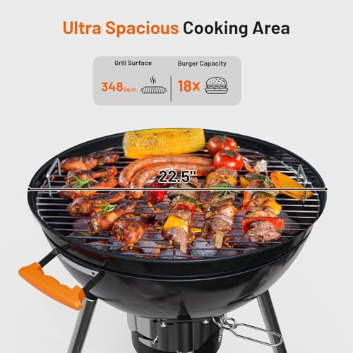 KEYO GRILL 22.5-inch Kettle Charcoal Grills, Portable Charcoal Grill with Adjustable Vents, One Click Cleaning System, Walnut Side Table Outdoor BBQ Grill for Camping, Tailgating and Backyard by KEYO GRILL - Image 4