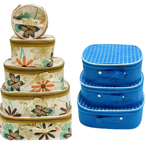 Rasafa Combo Pack of 8 Fashionable Vanity Box Makeup Kit, Jewellery Box, Cosmetic Box, Storage Case Vanity Box (Blue, Cream Floral)