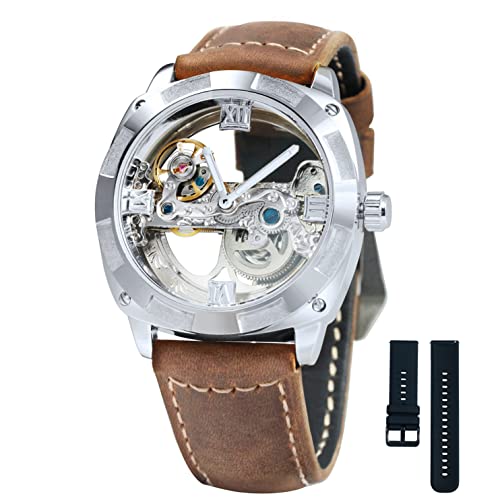 Caluxe Men's Automatic Watch Skeleton Mechanical Wristwatch for Men Waterproof with Removable Silicone and Leather Band Gift Set