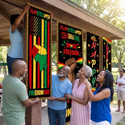 Image of Panelee 4 Pcs Happy Juneteenth Porch Sign Banners Juneteenth Decorations African American Independence Day Freedom Day Banner Backdrop for Classroom School Doorway Indoor Outdoor Wall Hanging Decor