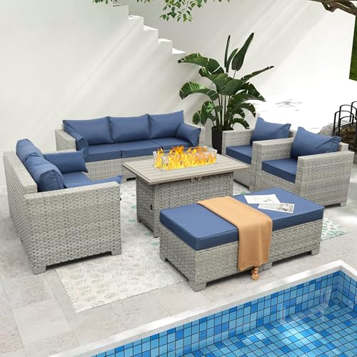 WAROOM Patio Furniture Set Gray Rattan 7 Pieces Outdoor Sectional Sofa PE Wicker Conversation Chairs with Propane Fire Pit Table and Non-Slip Thick Blue Cushion