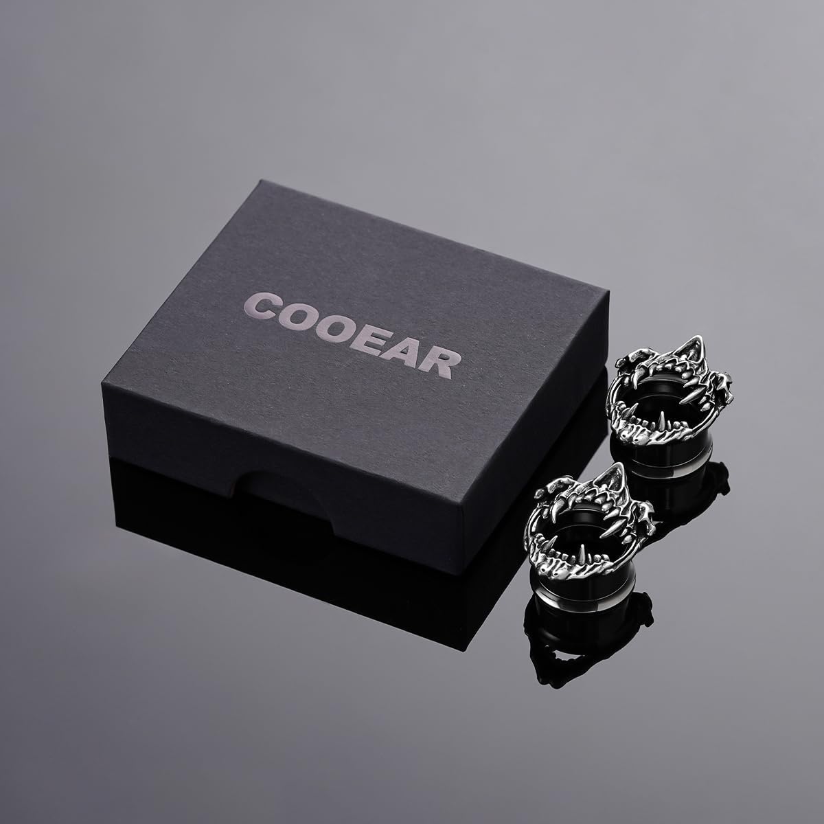 COOEAR Stainless Steel Tunnels, Open Mouth Sharp Teeth design Earring Plugs, Screw Back Piercing Expander Stretchers.