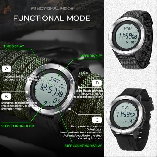 BIEWO Militaire Sport Horloge Voor Mannen Digitale Tactiële Horloges Mannen Waterdicht 5ATM Fitness Horloge Met Kompas Metronoom Calorie Step Counte Stopwatch Pacer Running Horloge, Siliconen Groen
