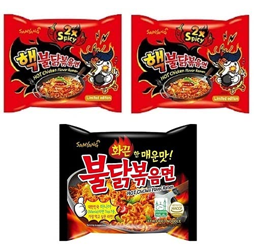 Sam Yang Buldak 2X Spicy Noodles 2&Buldak Stirefried 1(Pack Of 3)(420Gm)(Imported)Instant Noodles Non-Vegetarian(3X140 G)(Combo Pack)