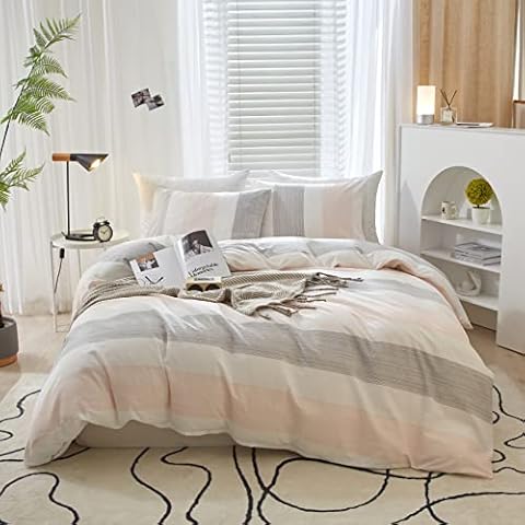 FenDie Pink Grey Modern Striped Duvet Cover Set Queen Teen Girls Aesthetic Bedding Set Cotton Lightweight Soft Peach Stripes Comforter Cover Set with Zipper Ties Chic Simple Bedroom Style Cover
