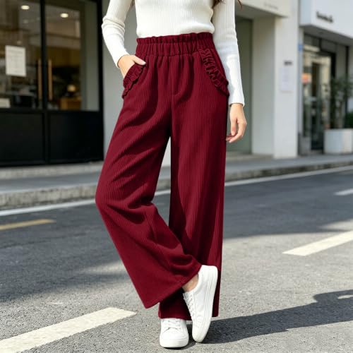 Women Ruffled High‑Waist Corduroy Straight‑Leg Pants Loose Casual Trousers - image 6