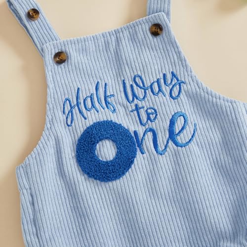KMBANGI Baby Boy Girl Half Way to One Outfit Sleeveless Embroidered Birthday Overalls Romper Corduroy Onesie Cake Smash Gift4