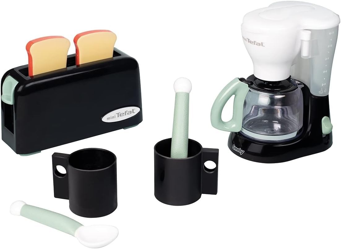 Smoby - Tefal Petit Déjeuner - Grille Pain Fonction Mécanique - Cafetière Express - Tasses + Cuillères - A Partir de 3 Ans