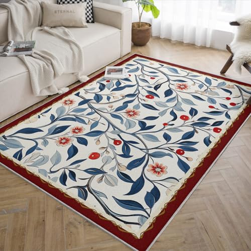 Tapis de salon 180x270 cm moderne imprimé floral blanc bleu
