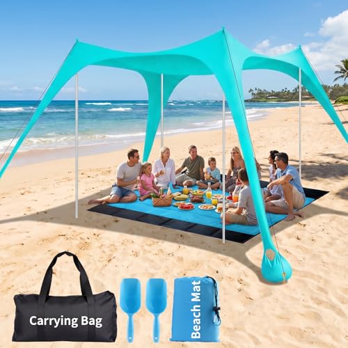 12x12 FT Beach Tent Sun Shelter UPF 50+ XL Beach Canopy with 4 Thickened Aluminum Poles Sandbags Windproof Portable Beach Sun Shade with Beach Blanket Shovels for Outdoor Camping Fishing RV Trip