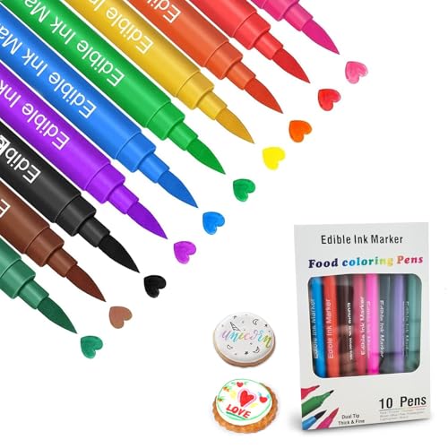 10 Feutres Alimentaires Comestibles - Stylos Décoration Double Pointe pour Gâteaux, Chocolat, Biscuits & Macarons - Encre Alimentaire Sécurisée pour...