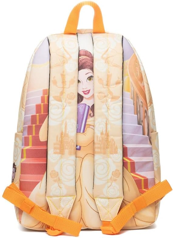 Wondapop Disney Princess Belle Backpack 16” Girls School Backpack with Laptop Sleeve, Front Pocket & Side Pockets, Beauty and the Beast Bookbag for Kids