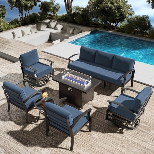Image of Patio Furniture Set 7-Piece Aluminum Armrest Sofa, Modern Outdoor Living Room Set with 55000 BTU Propane Aluminum Fireplace, Outdoor Rotary Joystick with Thick Cushion