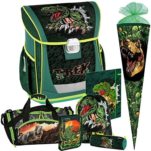 Primus-Versand T-REX - Dinosaurier - SPIRIT COOL Schulranzen-Set 7tlg. mit FEDERMAPPE, SPORTTASCHE, HEFTMAPPE und SCHULTÜTE, Grün, Größe: 41 x 30,5 x 20 cm Cover