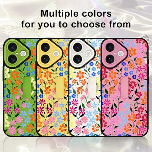 Image of for iPhone 16 Case with Finger Strap Holder, Cute Colorful Floral Flower Print Pattern Design for Women Girls, Shockproof Anti Scratch Hand Kickstand Protective Cover, Pink