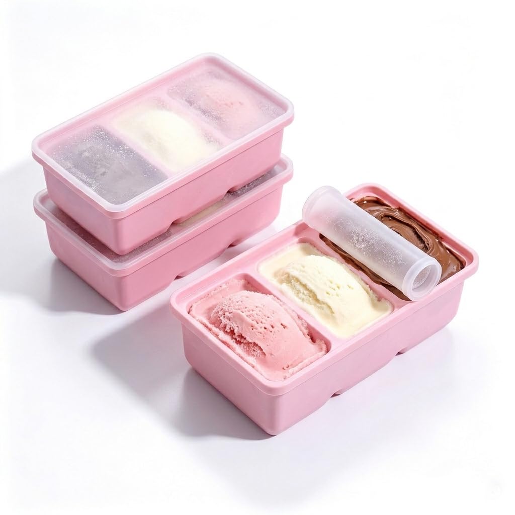 Soqurnpy 3 Pack Silicone Soup Freezer Moulds with Lid, Large Ice Tray Reusable Food-Large Ice Containers Silicone, Easy Release Souper Tray for Meal Prep, Batch Cooking- 3 Pink