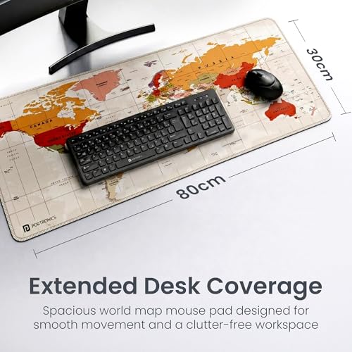 Image of Portronics Comfipad Atlas World Map Desk Mat 80x30cm Extended Mouse Pad with Anti-Slip Rubber Base, Stitched Edges, Smooth Fabric Surface, Waterproof, Rollable Desk Pad for Office, Gaming, Beige