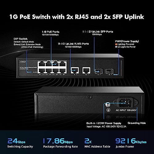 Image of 12 Port Gigabit PoE Switch, 8 Ggiabit PoE+, 2 GE Uplink, 2 Gigabit SFP Slot, IEEE802.3af /at Max 120W, Fanless Unmanaged Plug&Play Desktop Rackmount YuLinca Ethernet Switch