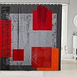 Homewish Geometrie Badevorhang 180Wx200L rot quadratisch Gitter Duschvorhang für Kinder Retro schlicht geometrisch Duschvorhang Set Grau Batik Vintage Jungen Schlafsaal Karomuster Büffelkaro Dekor