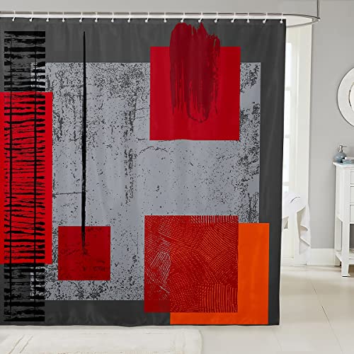 Homewish Geometrie Badevorhang 180Wx200L rot quadratisch Gitter Duschvorhang für Kinder Retro schlicht geometrisch Duschvorhang Set Grau Batik Vintage Jungen Schlafsaal Karomuster Büffelkaro Dekor