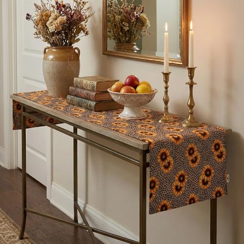 Image of 135 cm Dining Table Runner - Sunflower Animal Print Theme,Digital Print, Washable, Indoor /Outdoor, Heat-Proof, Wipe & Clean (135X33 cm) Yellow & Brown