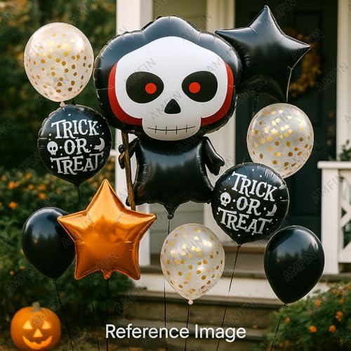 Image of AMFIN (Pack of 11) Halloween Balloon Decoration Set - Skeleton Reaper Foil Balloon with 2 inchTrick or Treat inch Round Balloons & Black /Orange Star Balloons