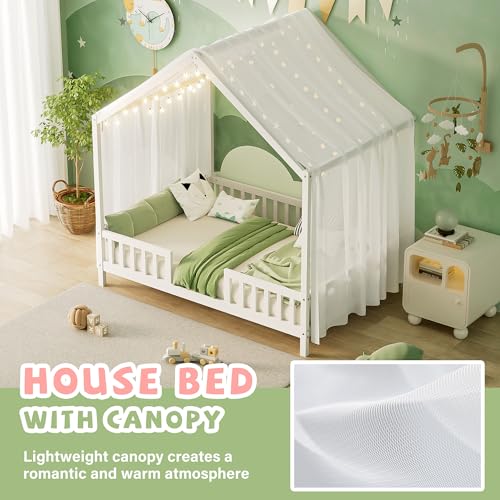 Image of Full Size Wood House-Shape Platform Bed with Roof Frame and Canopy, Montessori Floor Bed with High Railings and Slat Support for Kids Girls Boys, No Box Spring Needed (White-05, Full)