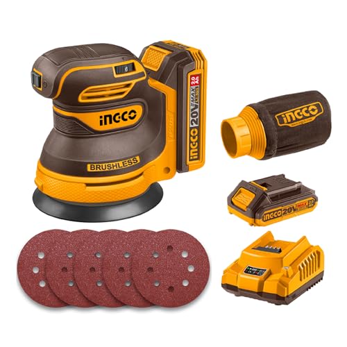 INGCO 20V Cordless Random Orbit Sander 125mm, Brushless Motor, 6 Variable Speeds, Electric Sander Ideal for Sanding, Polishing Wood, Home Improvements CROSLI20021