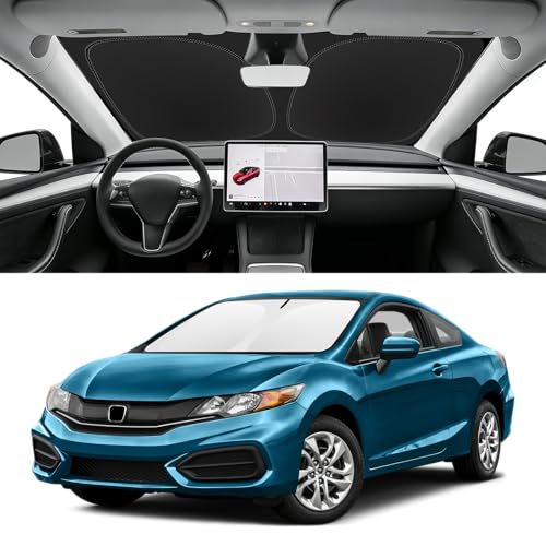 Image of Custom Fit Windshield Sun Shade for Honda Civic 2012-2015 | Blocks UV Rays and Sun Heat, Helps Reduce Interior Temperature, Protects Dashboard from Fading, Folds Easily for Storage