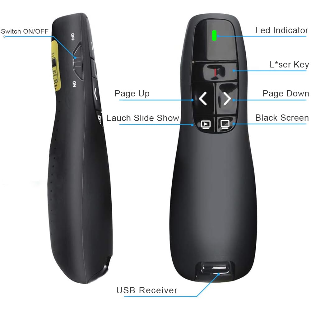 VOVIGGOL USB/Type-C 2 en 1 Ergonomique Télécommande PowerPoint Rechargeable Présentateur Sans Fil pour PC Portable
