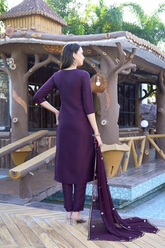 Image of GoSriKi Women's Cotton Blend Embroidered Kurta Set with Pant & Dupatta - Straight Calf‑Length, 3 /4 Sleeve, Round Neck - Elegant Ethnic Attire (5 Colors, S-5XL)