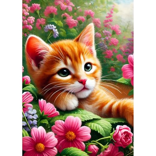 DPHERO Lovely Cat Diamond Painting Kits for Beginners Adults,5D DIY Red Flowers Diamond Art Kits,Round Full Drill Orange Cat Gem Art Crafts,DIY Kitten Painting by Numbers for Home Wall Decor 12x16inch