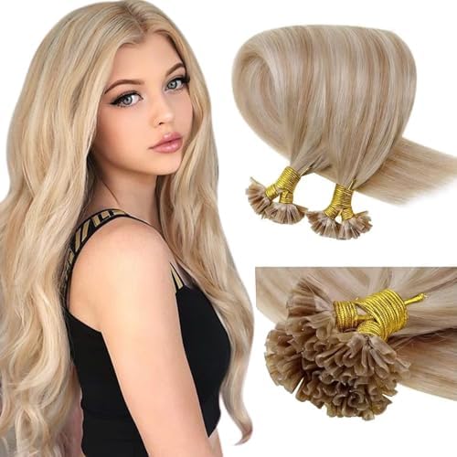 LaaVoo Nano Ring Hair Extensions Real Human Hair Platinum Blonde Hair Extensions Remy Straight Nano Beads Real Human Hair Extensions 14Inch 50g 50s #60