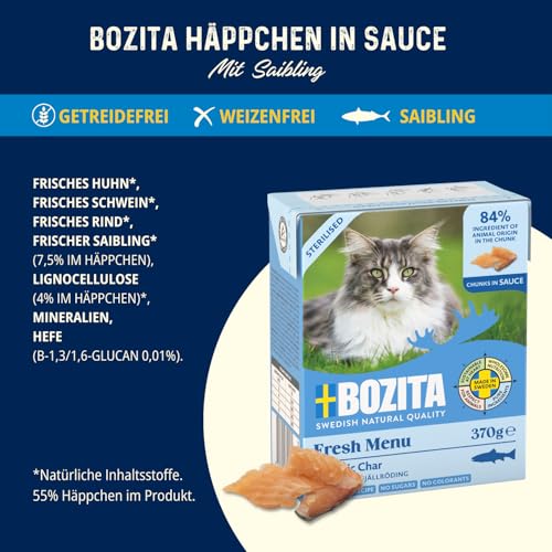 Bozita Tetra Sterilised Häppchen in Sauce mit Saibling – 6x370g getreidefreies, zuckerfreies Nassfutter für Katzen – ohne Gentechnik, mit 8,5% Protein & 4,5% Fett – hochwertig & besonders schmackhaft
