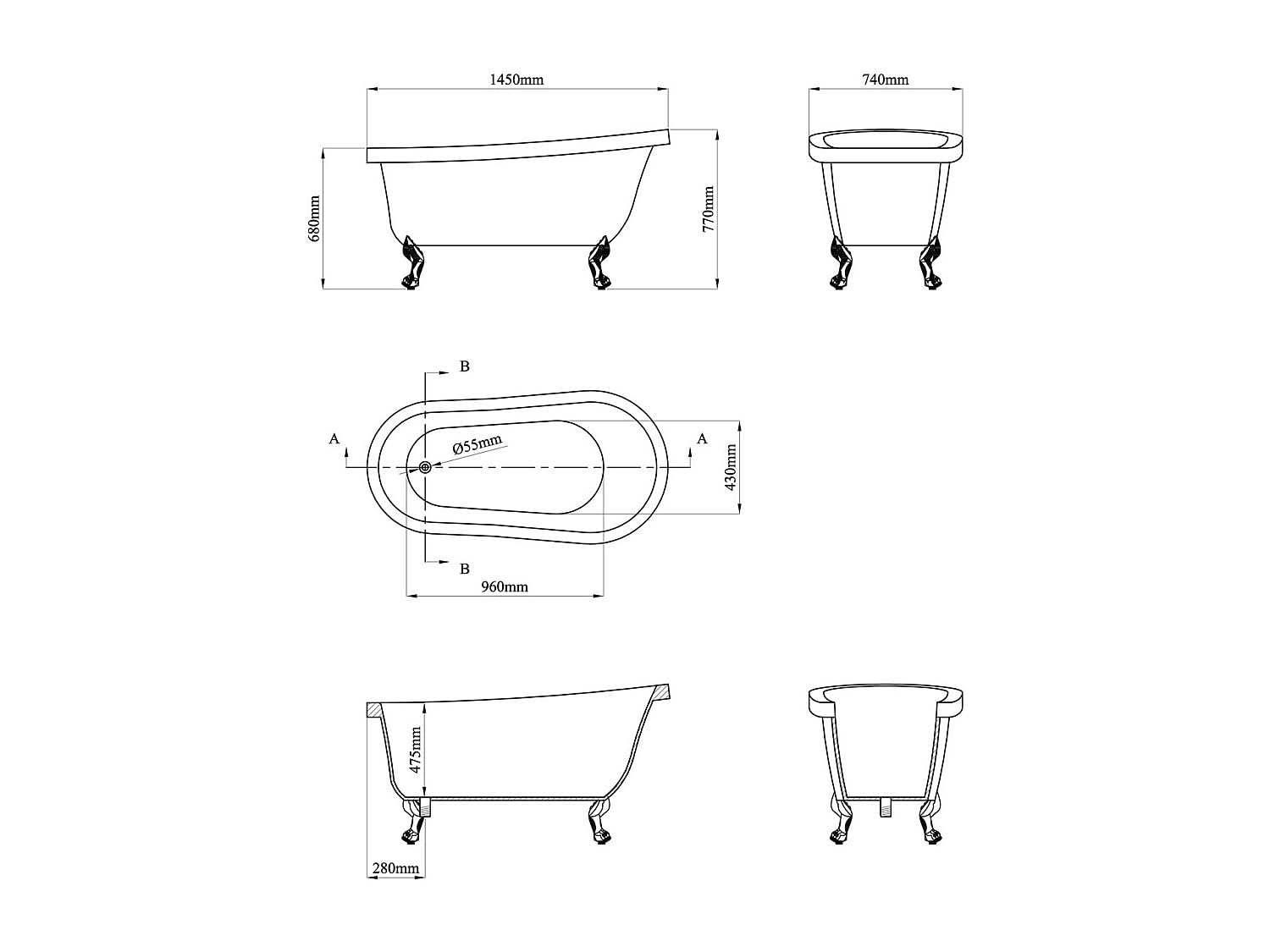 Vente-unique-Vasca da bagno freestanding retrò con piedini bianchi a forma di zampa di leone 200 litri 145 x 74 x 77 cm Blu - NISOS II
