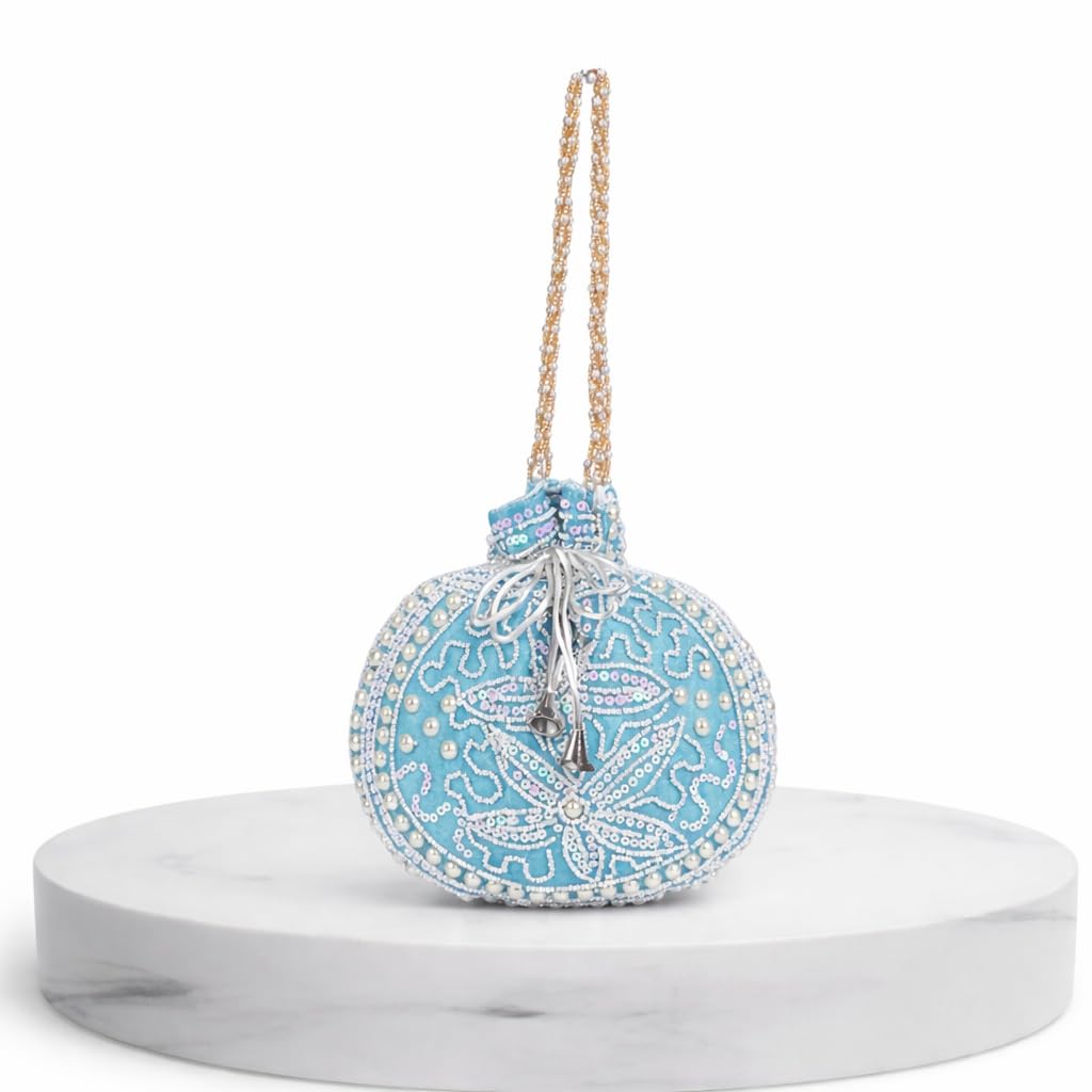 Handcrafted White Pearl & Sequin Potli Bag for Women | Bridal & Festive Ethnic Potli | Embellished Wedding Clutch with Beaded Handle-image-32