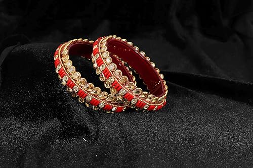 Image of NMII Glass Golden Zircon Stone & Kundan Beads Kada Set For Women & Girls | Fancy Design Kada Bangles | Traditional Look Kangan | Glass Bangles For Women Wedding, Party, Function, Daily use