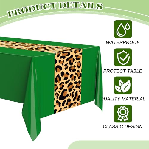Image of Buryeah Leopard Print Tablecloth 54 x 108'' Leopard Plastic Table Cover Disposable Safari Animal Cheetah Print Party Decorations for Baby Shower Wedding Birthday Party Favors(Green,3 Pcs)