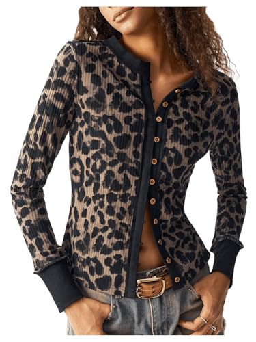 GORGLITTER Women's Leopard Cardigan Sweaters Y2K Long Sleeve Button Up Crewneck Rib Knit Tops