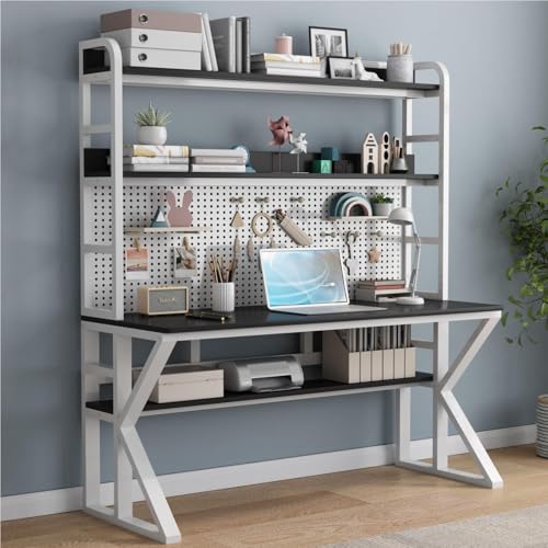 保管棚とペグボードを備えたコンピューターデスク、ソリッドウッドライティングデスク大規模な学習ワークステーションテーブルモダンホームオフィスデスク(C,120cm)