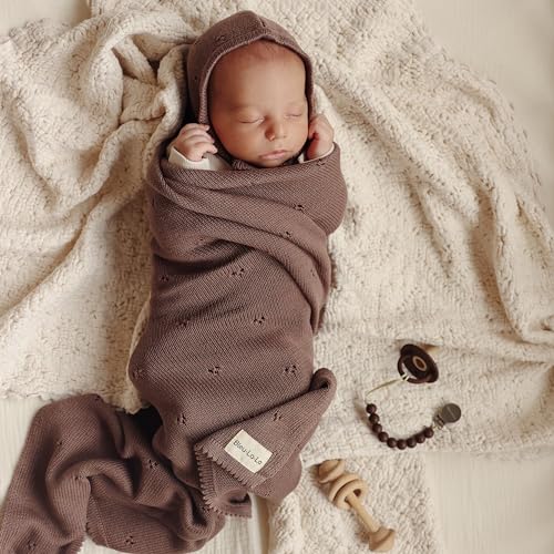 Image of Baby Gift Set - Organic Cotton Newborn Blanket Essentials, Newborn boy Gifts, Baby boy Gifts for Baby Shower (Pointelle - Milk Chocolate)