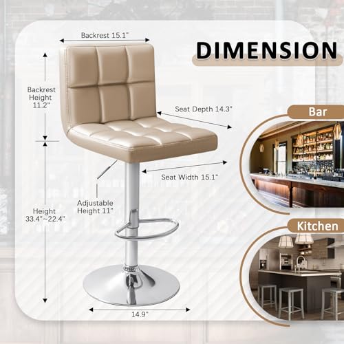 Image of Homall Bar Stools Modern PU Leather Adjustable Swivel Barstools, Armless Hydraulic Kitchen Counter Bar Stool Extra Height Square Island Barstool with Back Set of 2 (Khaki)