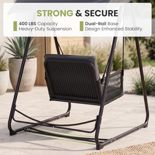 Image of Porch Swing with Stand, Outdoor Swing with Canopy, All Weather Outdoor Swings for Adults, 400lbs Heavy Duty Porch Swings with Removable Cushions, Single Hanging Chair for Small Space, Grey